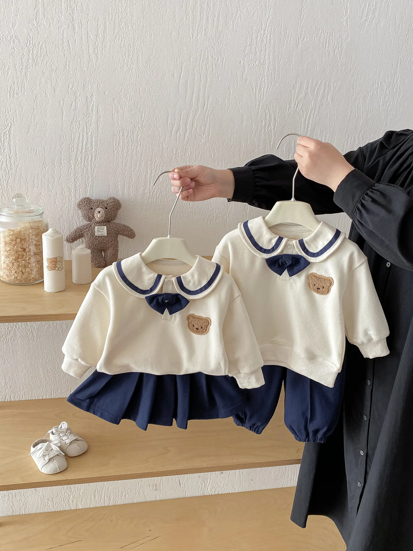 

0-3Y Brother Sister Sibling Set Spring 2Pcs Long Sleeve Sailor Collar Top + Baggy Pants Cotton Kids Fashion Preppy Outfit