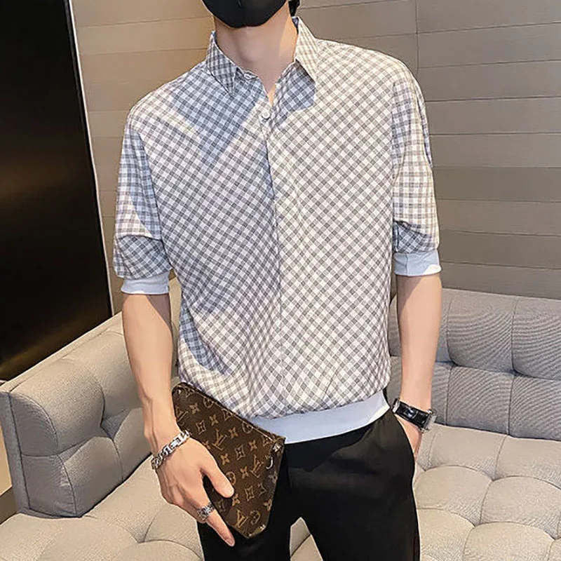 Fashion Printed Lapel Spliced Half Sleeve Letter Shirts Men\'s Clothing 2023 Summer New Casual Pullovers Tops Korean Shirt