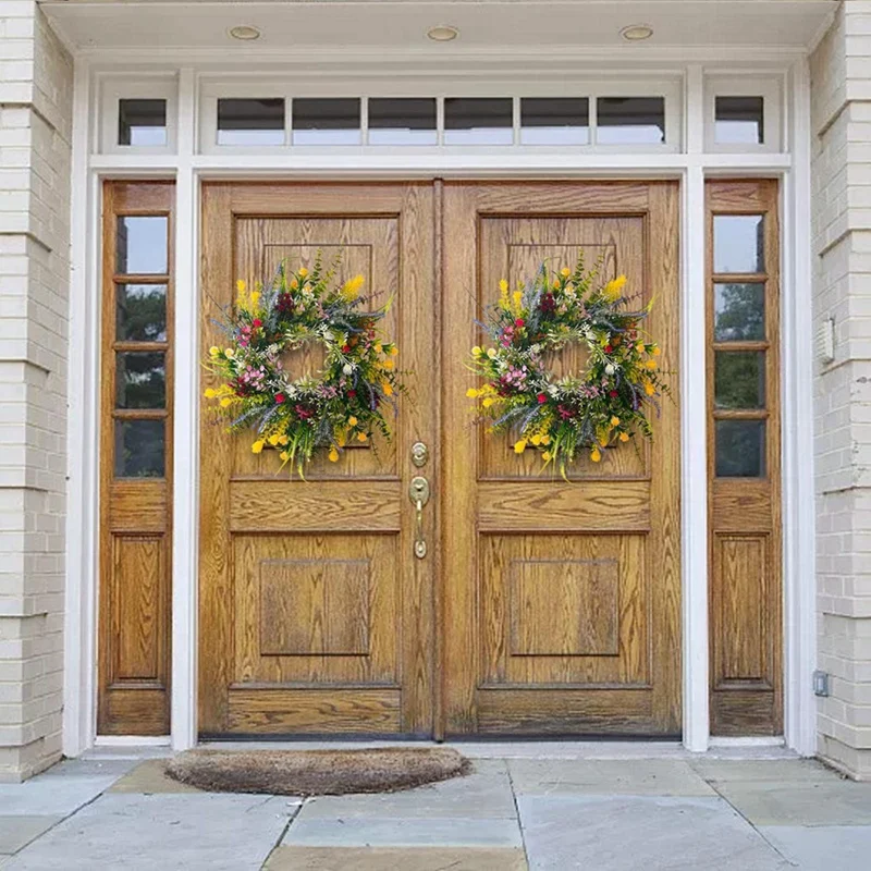 1 PCS Spring Wreaths For Front Door Weatherproof Greenery All Seasons Round Wreaths 18In Outside Welcome Summer Flowers