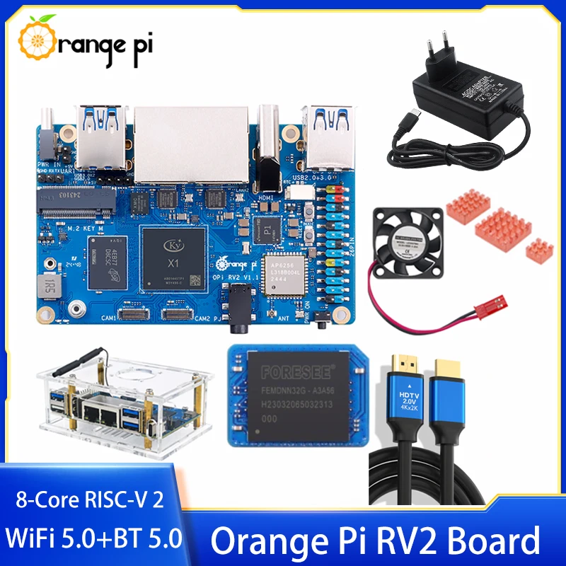 Orange Pi RV2 2GB/4GB/8GB RAM Board DDR4 8-Core RISC-V 2 TOPS AI CPU WiFi BT5.0 BLE M2 PCIE SSD Mini PC For Orange Pi RV2