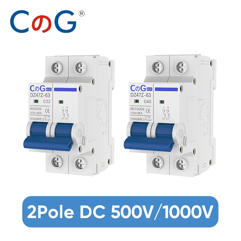 CG 2P MCB 10A 16A 20A 25A 32A 40A50A63A Circuit Breaker DZ47Z 500V/1000V Din Rail Mount DC Disconnect Switch for Solar PV System