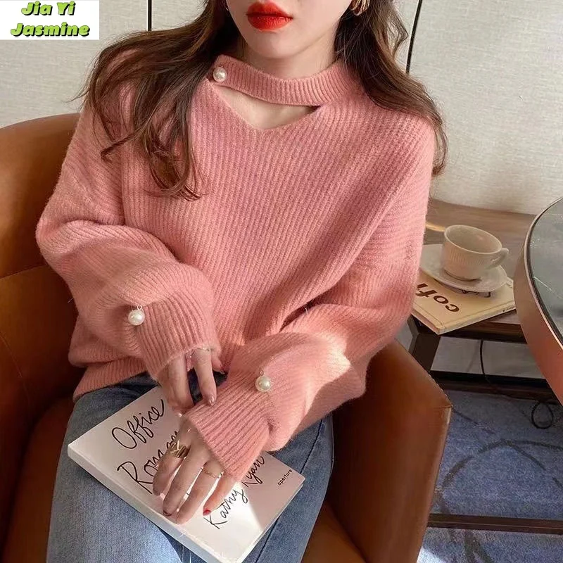 Design Sense Niche Sweater Women's Autumn and Winter New Loose Thick V-neck Pink Outer Knitted Sweater Top