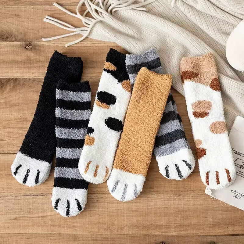 Plush Winter Funny Cute Style Animal Cat Paw Cartoon Pattern Women Cotton Socks Super Soft For Girl's House Sleeping Floor Socks