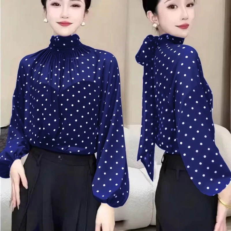 

Print Polka Dot Chiffon All-match Vintage Shirts Women Clothing Spring Autumn Long Sleeve Loose Elegant Blouse Office Fashion
