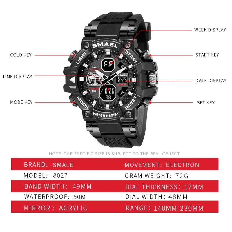 SMAEL Top Brand Men's Sports Watches Military Hyun-chae Case Waterproof Multifunction Wristwatch Quartz Watch for Men Clock 8027