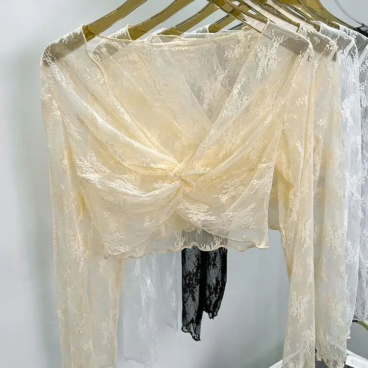 

Ele ort Lace irt Women's Summer Thin Outerwear Cover up Korean Sle Slim Fit V Ne Long Sve Color Cardigan