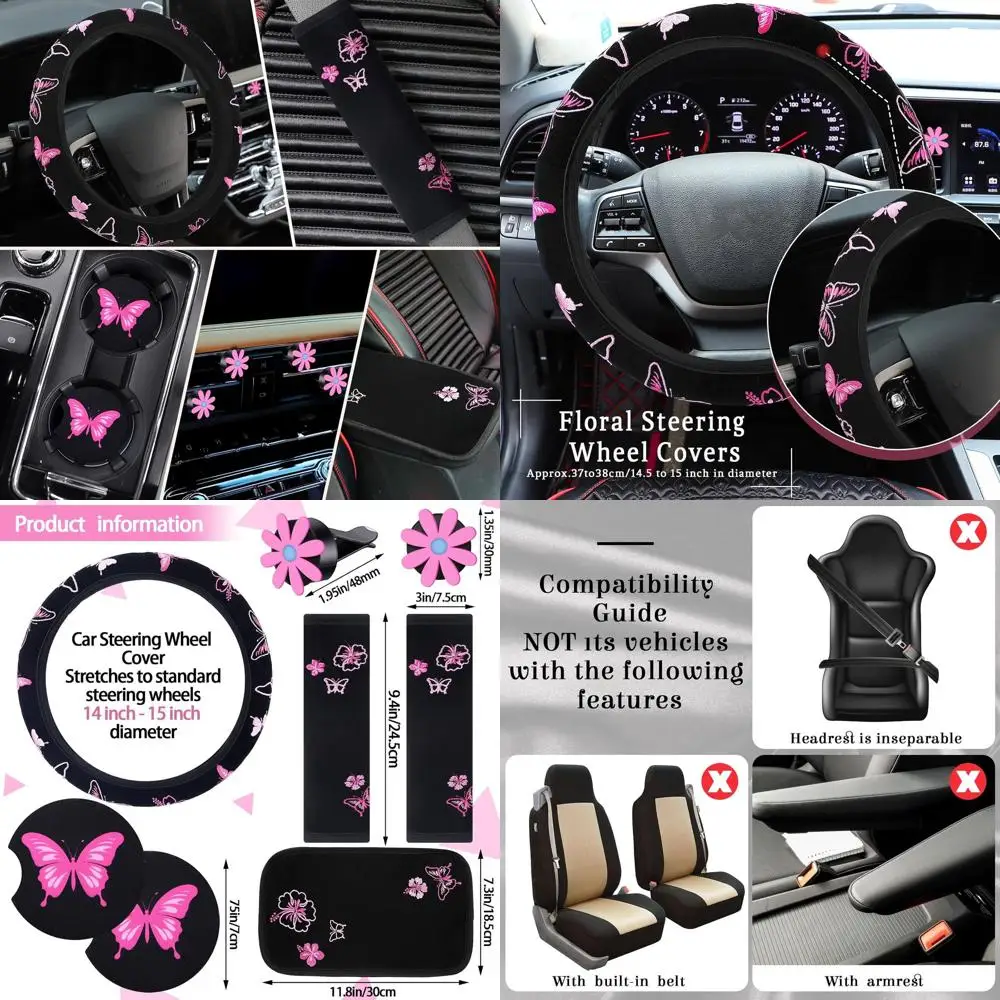 

23-комплект автомобильных аксессуаров с вышивкой бабочки, подарок с Новым годом для женщин, включает милый чехол на сиденье, рукав на руль, воздух