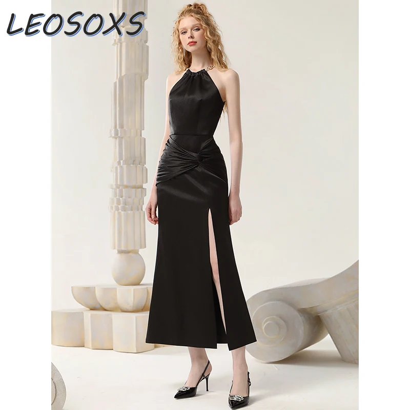 Designer Model Black Dresses Women's 2024 Summer Sexy Off-the-Shoulder Twisted Waist Elegant Strap Long Dress  Maxi Dress Party