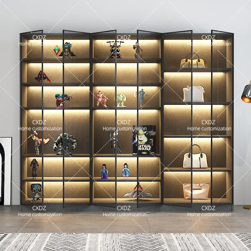 Light Luxury Figure Display Cabinet Glass Model Showcase Solid Wood Storage Bookcase Full Wall Household Cabinet