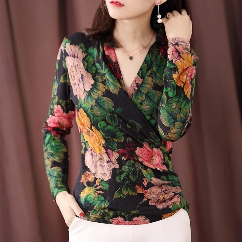 Women Spring Autumn Style Blouses Shirts Lady Casual Long Sleeve V-Neck Flower Printed Blusas Tops DD8061