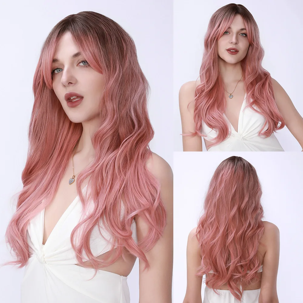 

28Inch fashion women wig long curly hair dyeing gradual change pink wig top simulation gradual change pink wig