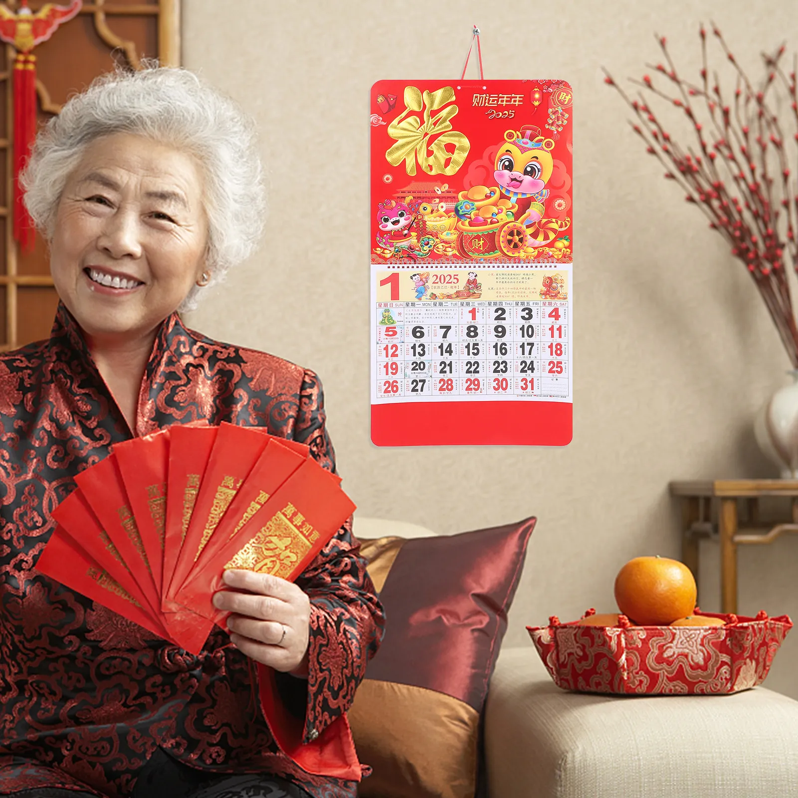 

Китайский настенный календарь на 2025 год (Год Змеи), традиционный лунный Новый год, подвесной ежемесячный планировщик, фэн-шуй, красная бумага, для офиса и дома