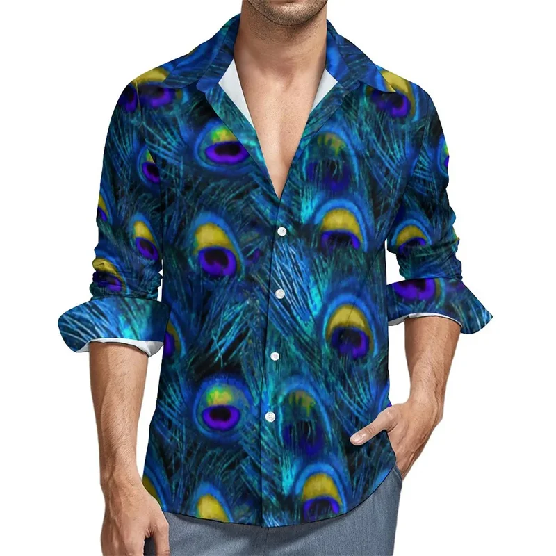 Camisa de manga comprida masculina estampada em 3D de pavão, moda Harajuku, tops streetwear, retrô, casual, 2024