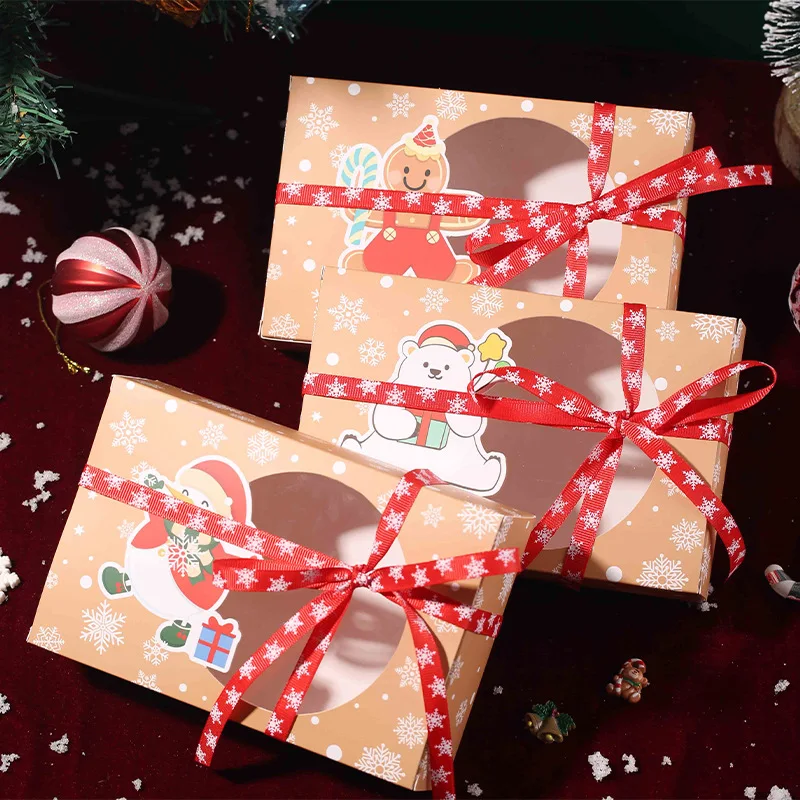 4/8Pcs Kraft Paper Christmas Cookie Candy Gift Box PVC Open Window Favor Gift Packaging Box With Santa Claus Tag Party Supplies