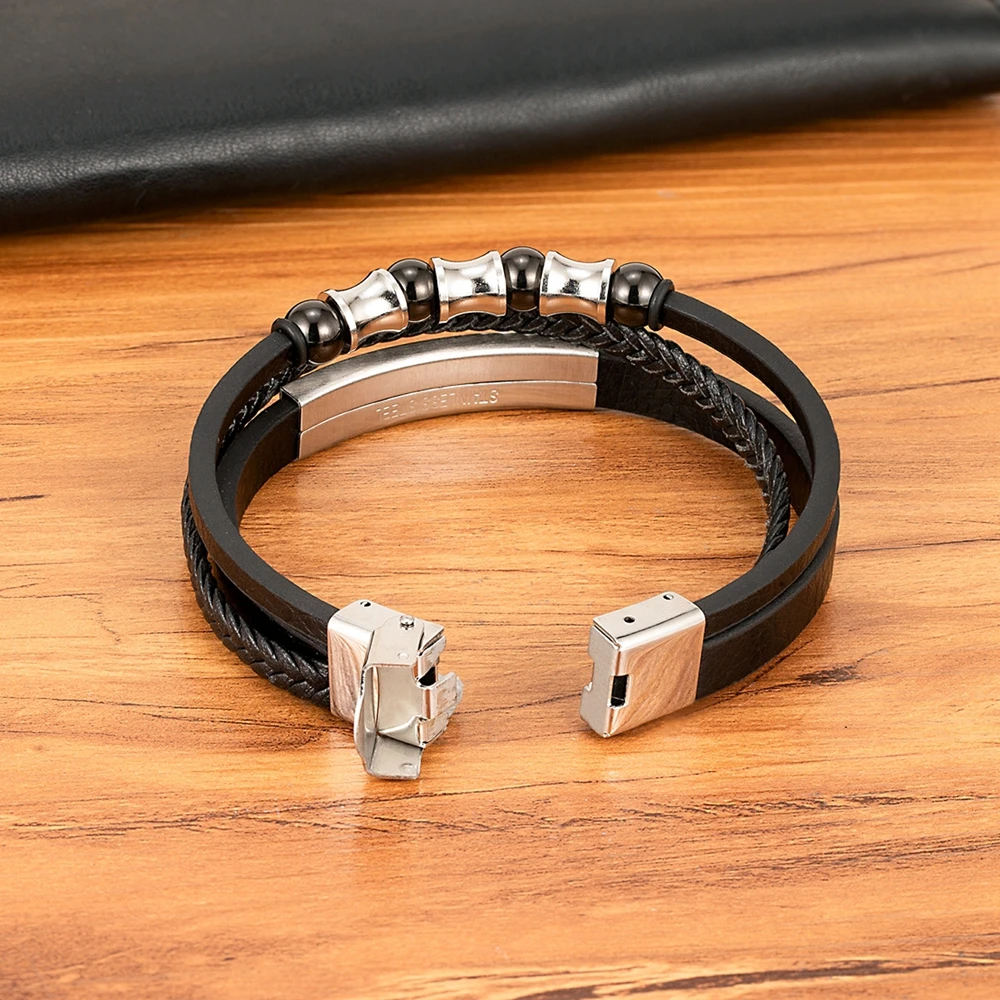 XQNI Stainless Steel Bracelet Men Magnetic Punk Black Leather Wristband Mature and Elegant Giving Bangle The Best Gift for Men