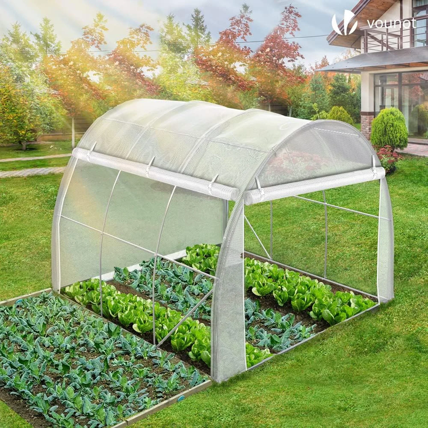 Gewächshaus mit 2 Reihen Belüftungsfenstern, Tunnel 3x2x2m, begehbarer Pflanzentunnel, PE-Gewebe, 6 Fenster, Rolltor, 15cm Rand, Frostschutz, UV-Schutz, Gartenpflanzen