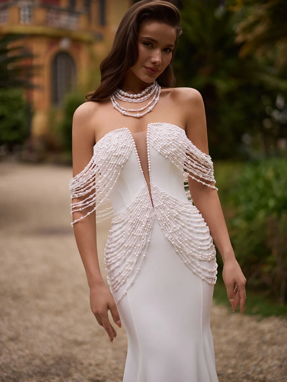 New Arrival Pearls Chain Wedding Dress Floor-length Off Shoulder Bridal Gown Customized Stunning Satin Mermaid Dresses For Bride