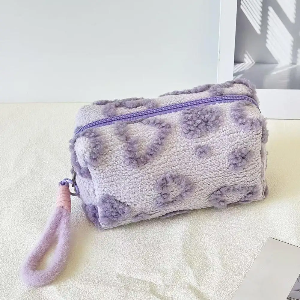Cute Plush Heart Cosmetic Pouch with Wrist Lanyard, Large Capacity Fluffy Travel Makeup Organizer Bag for Toiletries,Cosmetics