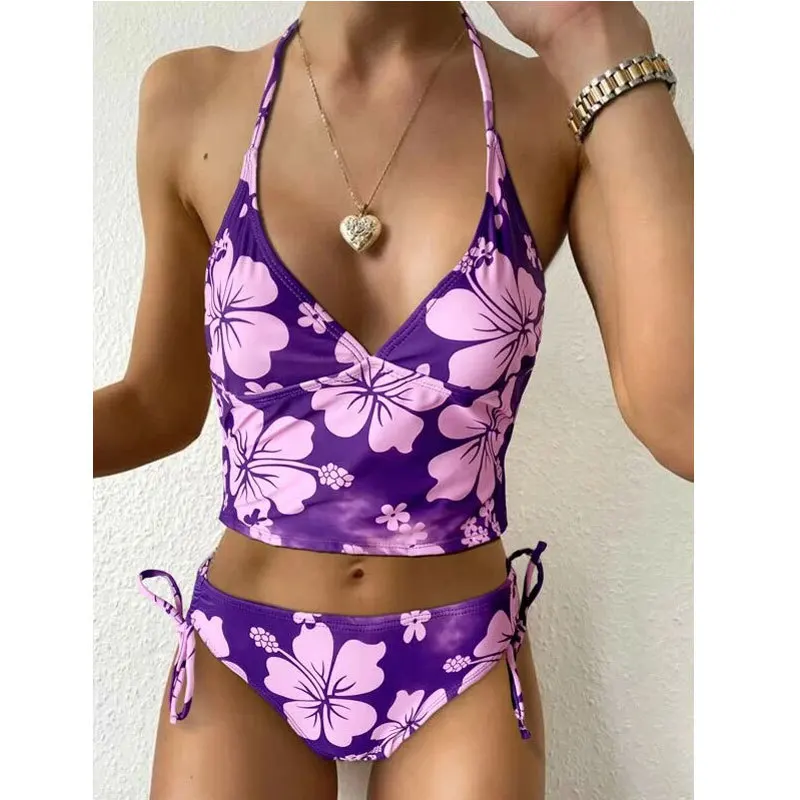 Traje de baño de dos piezas con estampado Floral para mujer, conjunto de Bikini con cuello Halter, Tankini con cordones y realce