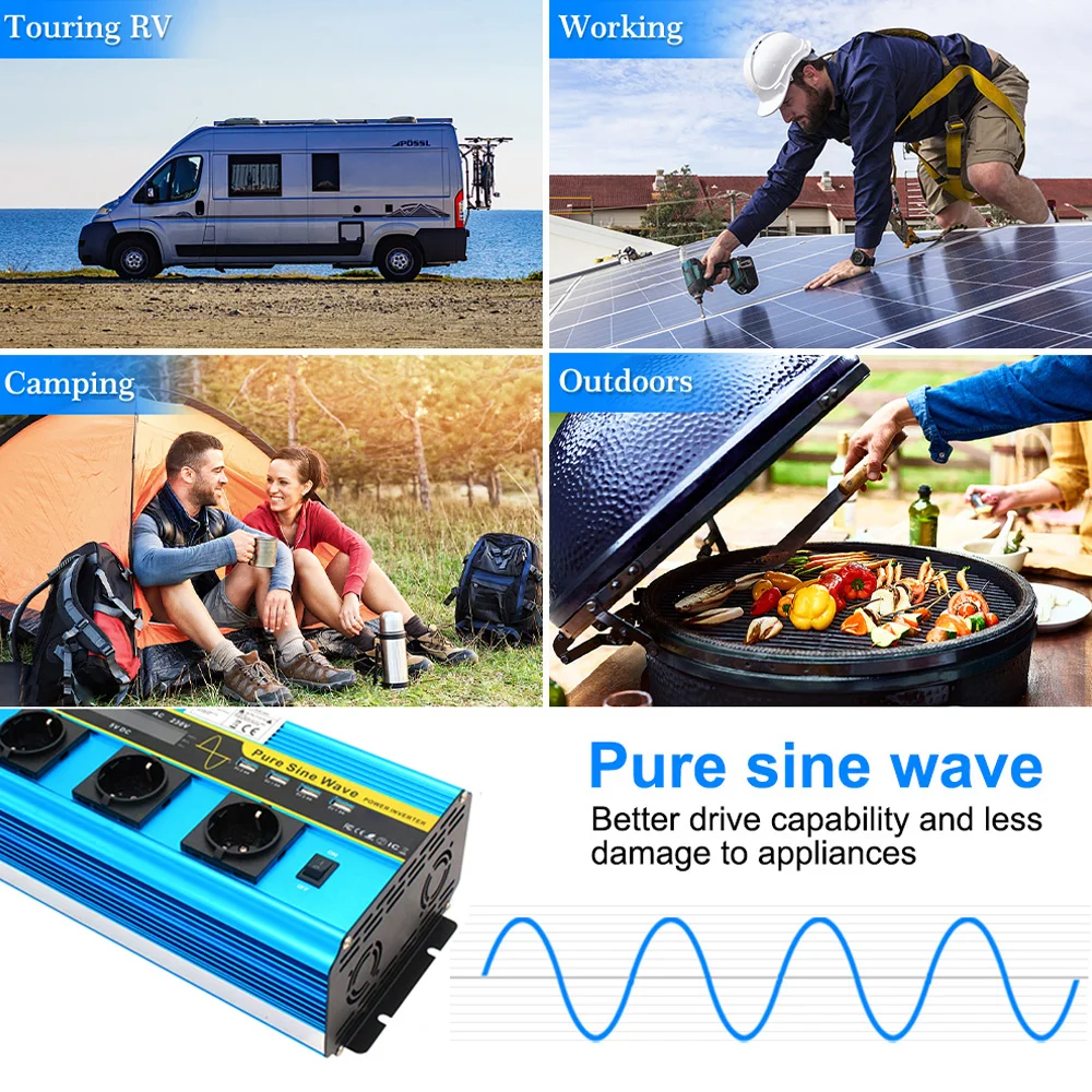 5000W Pure Sine Wave Power Inverter DC12V/24V to AC220V Car Voltage Converter 3AC Socket 4USB Port LCD For RV Camping Emergency