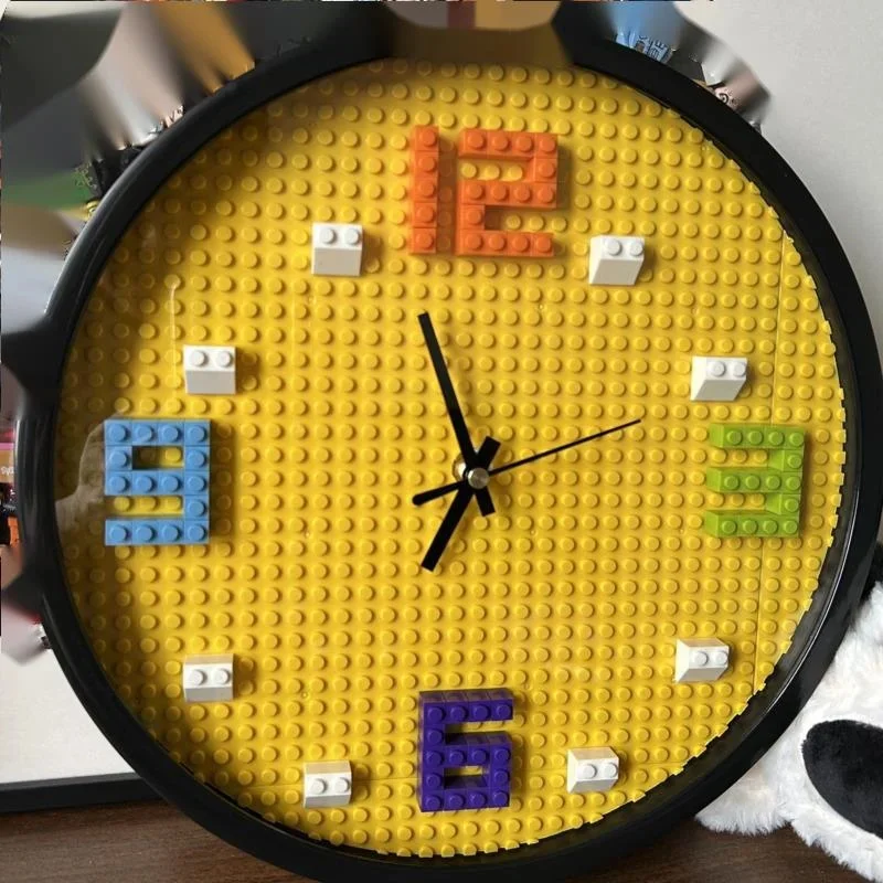 Building Block Wall Clock For Kids Room Round Silent Sweep Movement Colorful Plastic Clock 12 Inch Creative Can DIY Wall Decor