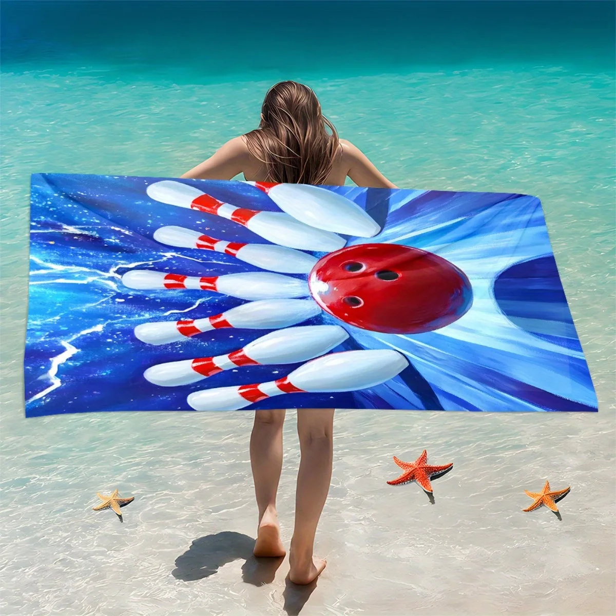 Bowling Beach Towel - Strike Ball & Pins Print, Blue Lightning Design, Fun Sports Gift, Soft Microfiber, Multiple Sizes view 4