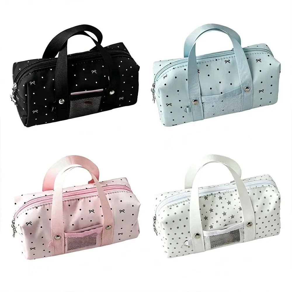 Multi-functional Polka Dot Bow Print Pencil Case Handheld Portable Pen Bag Large Capacity Stationery Organizer Gift