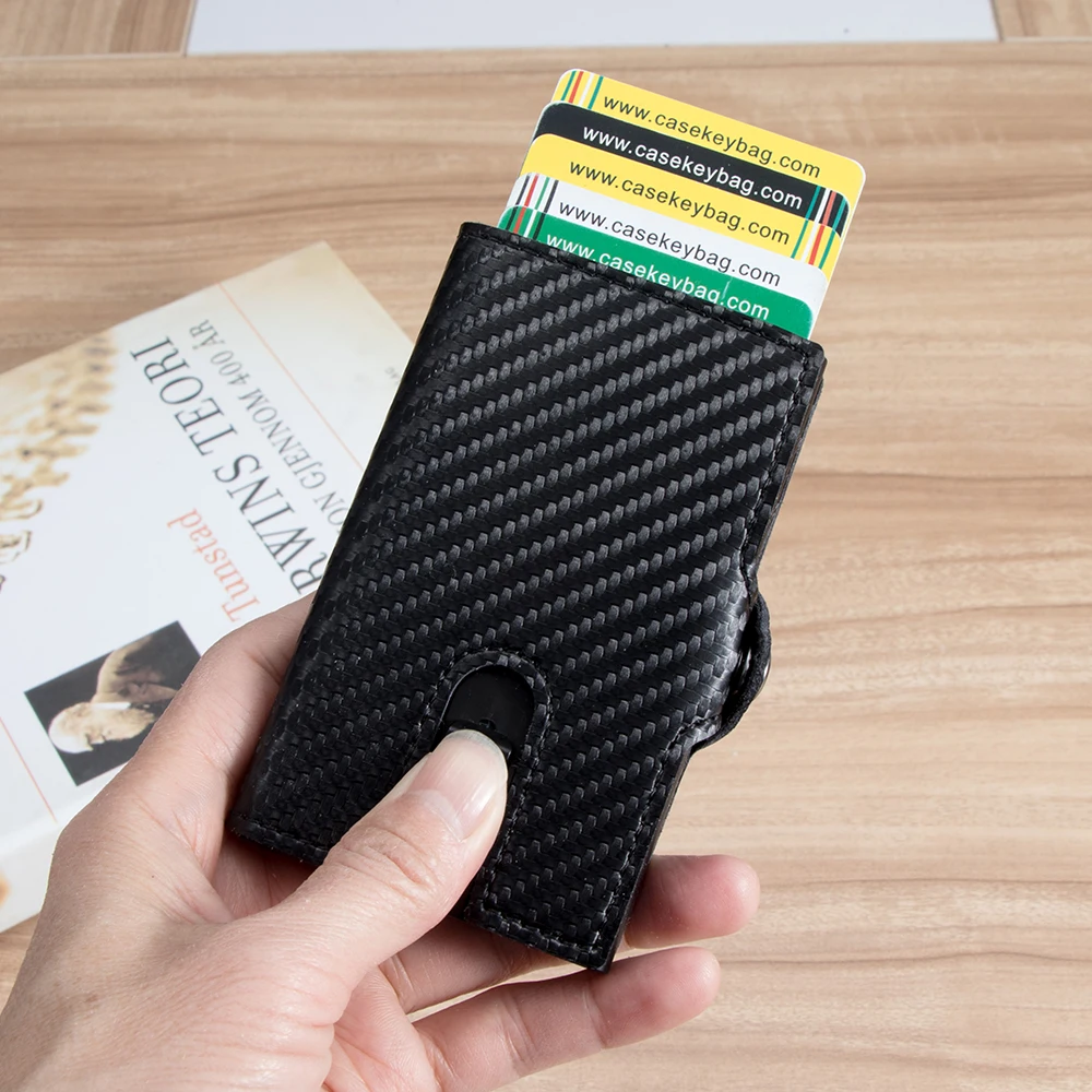 Carbon Fiber Men's Wallet Slim Minimalist Leather Automatic Wallet Rfid Anti Theft Pop Up Card Holder with Coin Purse