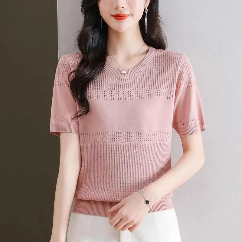 

Summer Hollow Out Ice Silk Round Neck Short Sleeve T-Shirt Women's New Fashion Trendy Thin Sweater