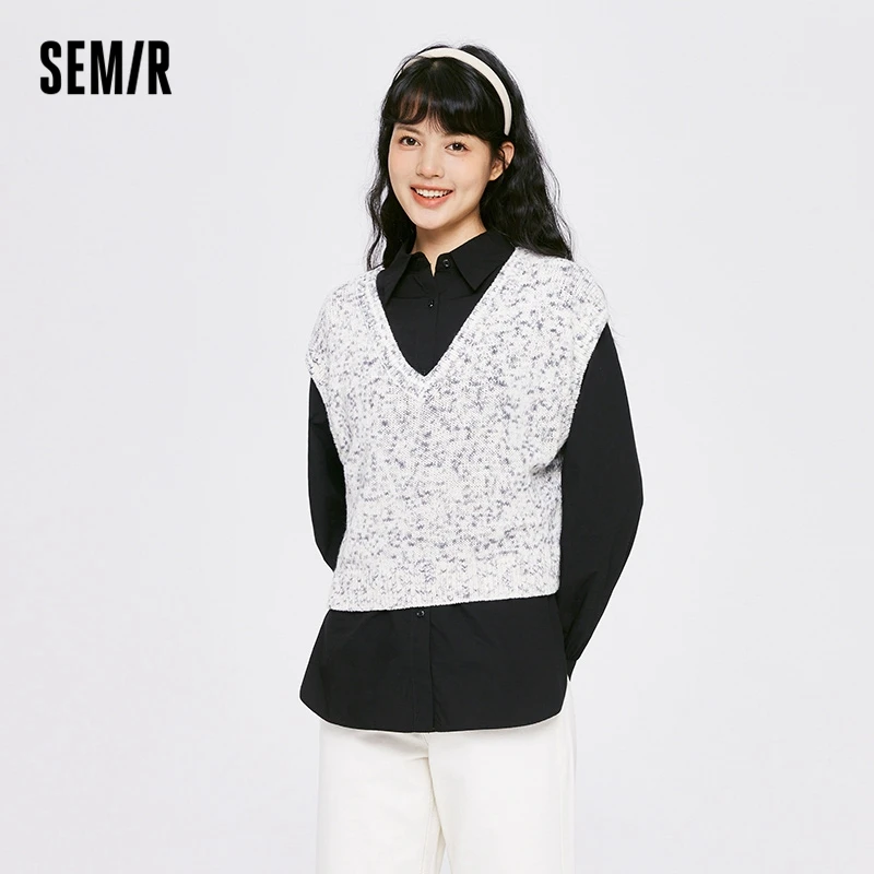 

Semir Long Sleeve Sweater Women Mid-Length Pointed Collar Short V-Neck Sweater 2022 Autumn New Loose Two-Piece Suit