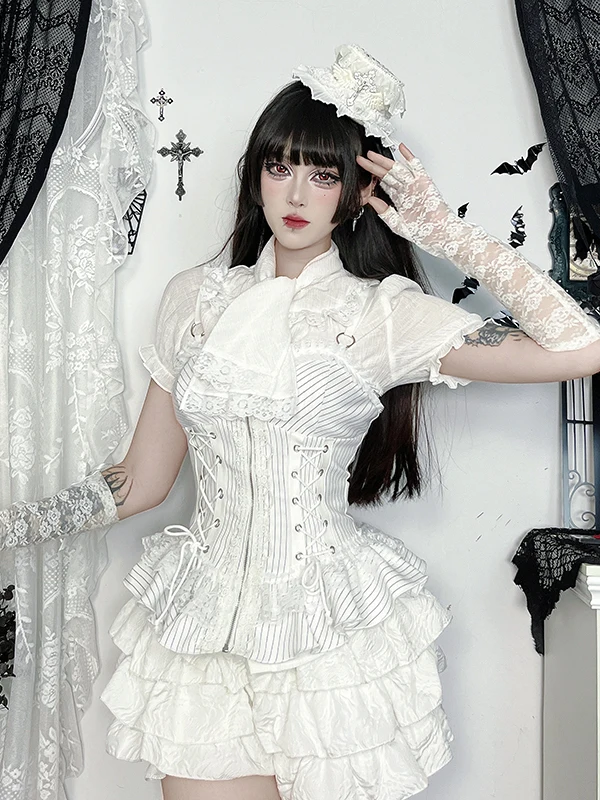 Gothic Sle White Duch Top Set Cosplay Street Snap Faion Subculture Lolita Women's Midweight  Collar irt Suit