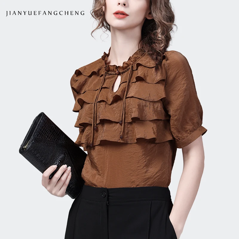 Fashion Cascading Ruffles Women Satin Top 2023 Summer New Short Sleeve Stand Collar Blouses Elegant Vintage Casual Shirts