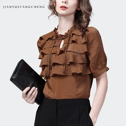 Fashion Cascading Ruffles Women Satin Top 2023 Summer New Short Sleeve Stand Collar Blouses Elegant Vintage Casual Shirts