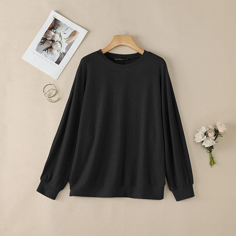 Woman Spring Casual Ribbed Knit T-Shirts Long Sleeve O-Neck Loose Solid Color Tops ZANZEA Muslim Islamic Hijabs Modest Blouses