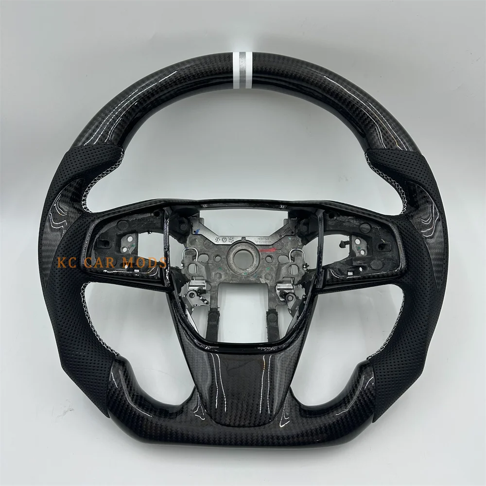 

Customized Black Carbon Fiber Perforated Leather White Silver Strip White stitch Steering Wheel for 2019 Honda CRV