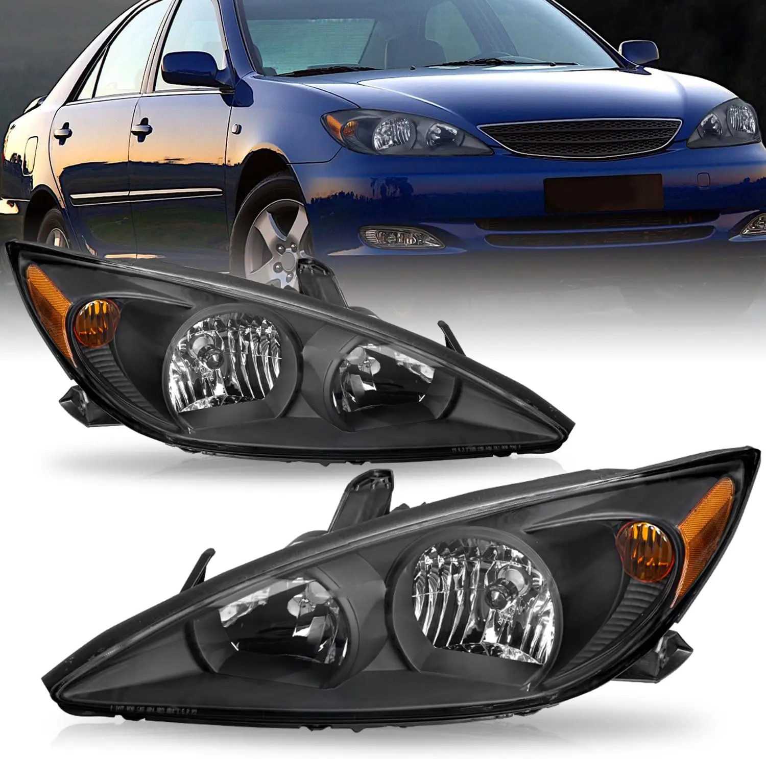 

Headlight Assembly Pair Compatible with 2002 2003 2004 Toyota Camry Passenger and Driver Side, Black Housing with Amber Reflecto