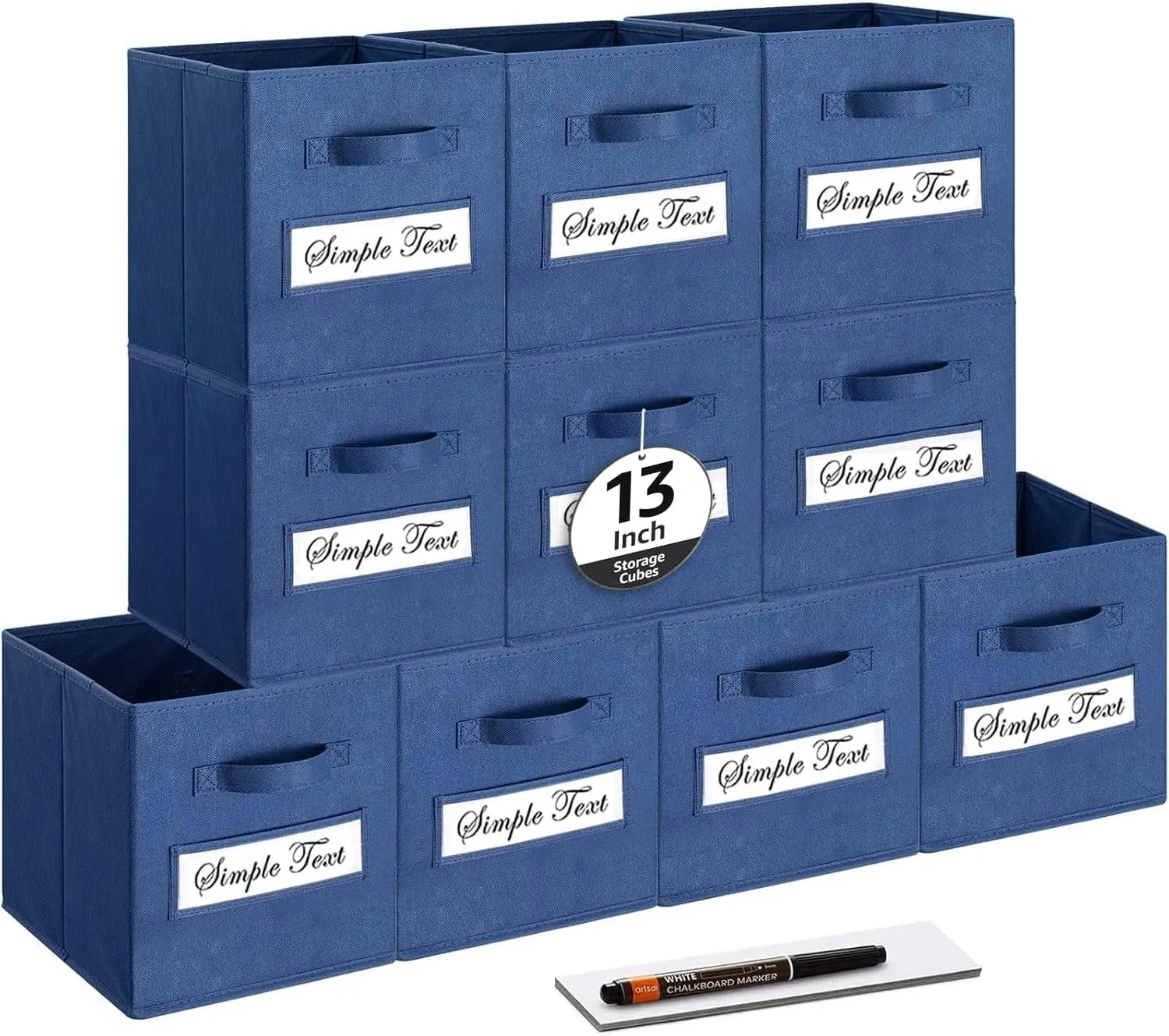 

13x13x13 Collapsible Fabric Storage Cubes with Labels, Set of 10, Navy Blue Organizer Bins for Home and Office