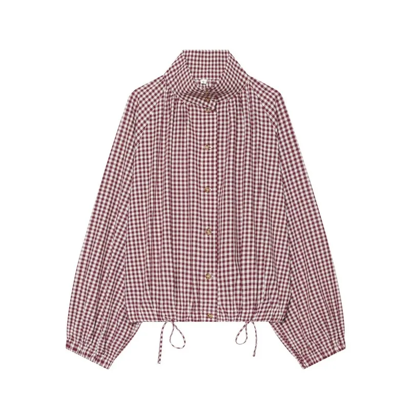 CHARMCHANT Women's Gingham Stand Collar Shirt Loose Cropped Drawstring Hem Puff Sleeve Plaid Jacket Streetwear 2026 Autumn