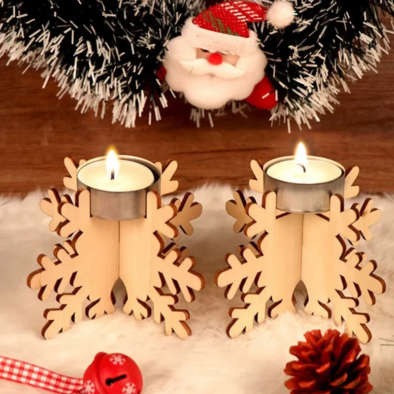 4/6set New Patchwork Wooden Snowflake Candlestick Set Snowflake Shaped Candleholders for Christmas Home Wedding Party Decoration
