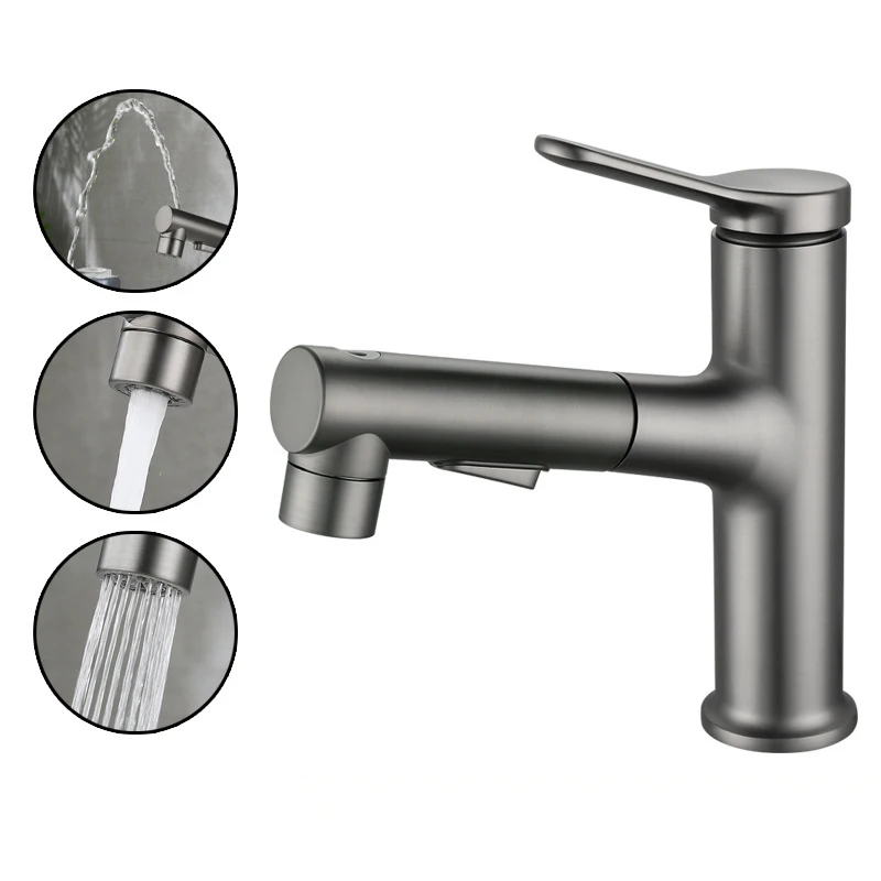 

Stainless Steel Pull-Out Bathroom Faucet 3 Function Hot Cold Deck Mounted Single Hole Bathroom Sink Faucets Basin Tap Mixer