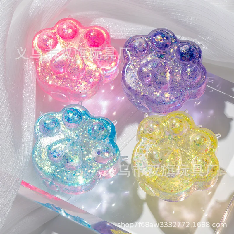 1pc Glitter Transparent Cat Paw Squishy Pinch Toy, Gold Powder Clear TPR Squeeze Toy, Sparkle Sequins Stress Relief Fidget Toy, Kawaii Animal Desktop Decor, Anxiety Relief Gift for Teens Women Office Adults