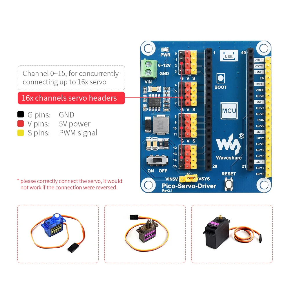 16-Channel 16-Bit PWM Servo Motor Driver Module Shield Expander Expansion Board HAT for RPI Raspberry Pi PICO RP2040 W WH