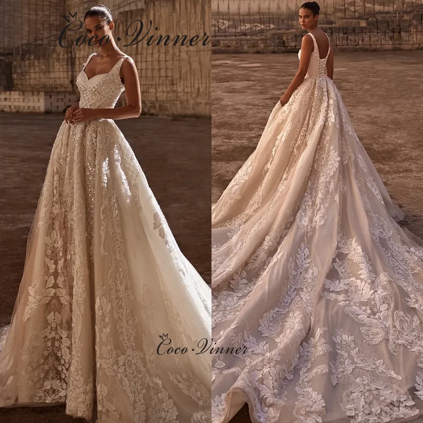 

Customized Long Court Train A line Wedding Dress 2025 South America Fashhion Lace Appliques Pearls Beaded Wedding Gown W1397