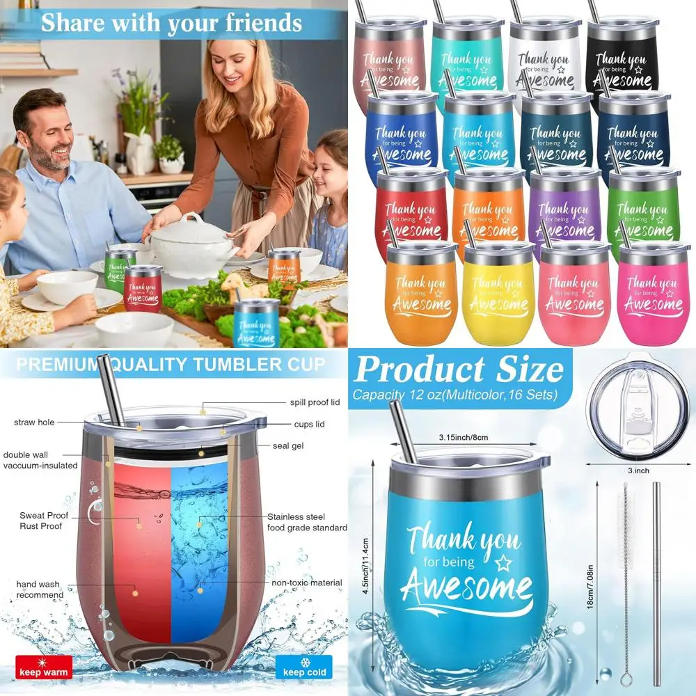 

Stainless Steel Insulated Wine Tumbler Set - 16pc Warm Colored, Straw Included, Great for Employee & Friend Appreciation