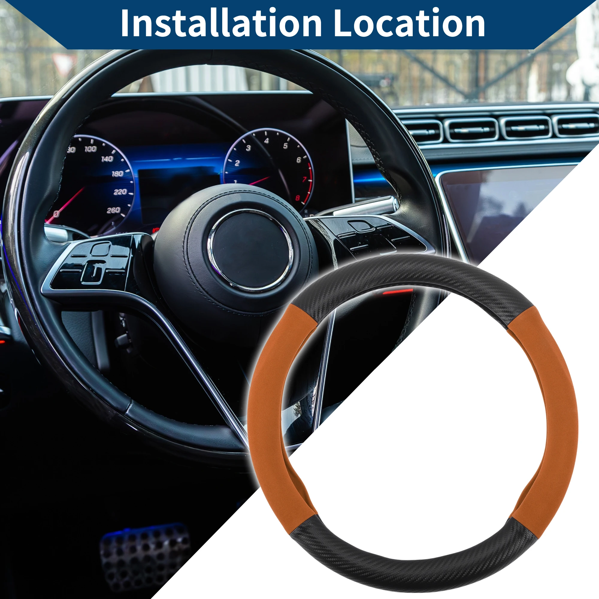 

UXCELL 38cm PU Leather Steering Wheel Cover ABS Steering Wheel Protector Orange Carbon Fiber Pattern Car Interior Accessories