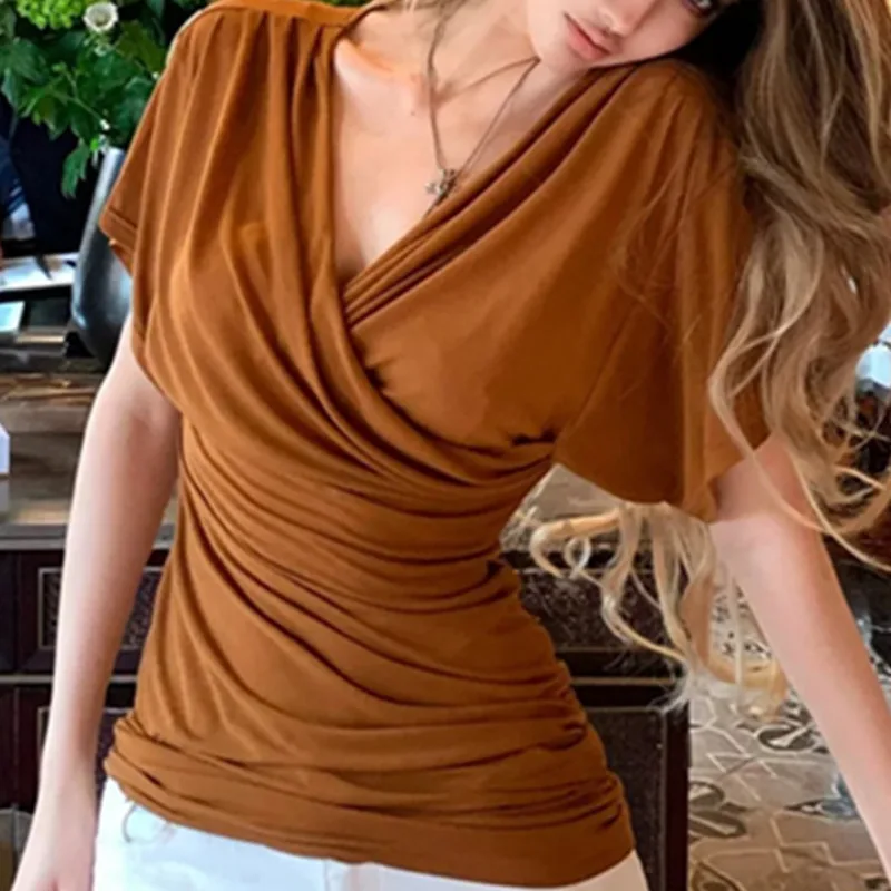Outstanding Temperament ~ Cross V-neck Pleated Short Sleeve T-shirt Early Autumn Slim Fit Top Two-way Wear Bodycon Dress MRR5