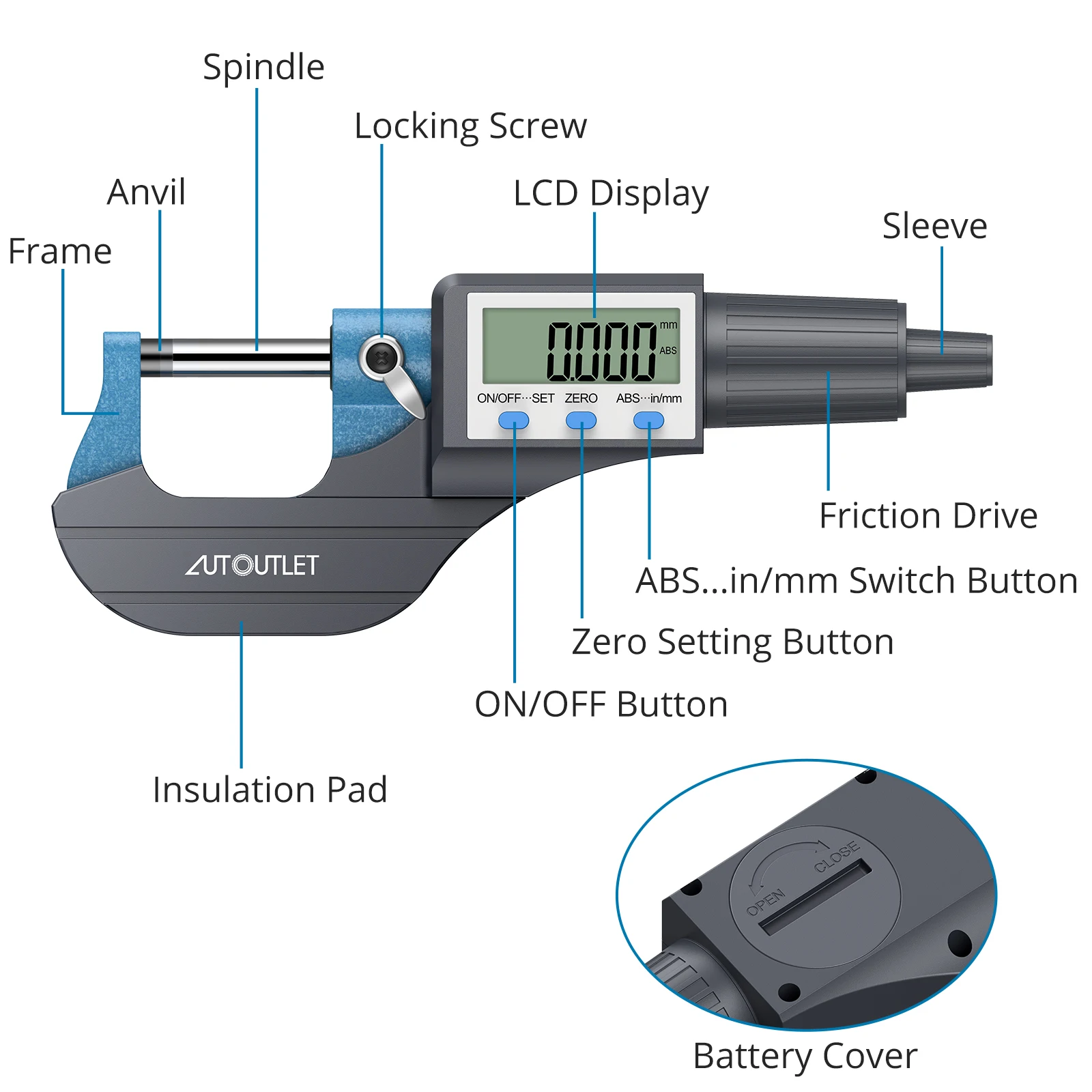 0~25mm Electronic LCD Digital Outside Micrometer Micro Calipers Length Measuring Tool 0.001mm Resolution With LCD Display