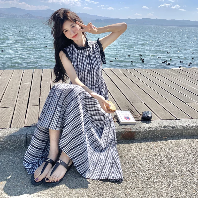 

Новое женское платье-майка весна-лето с круглым вырезом, комбинированное, оверсайз, А-силуэт