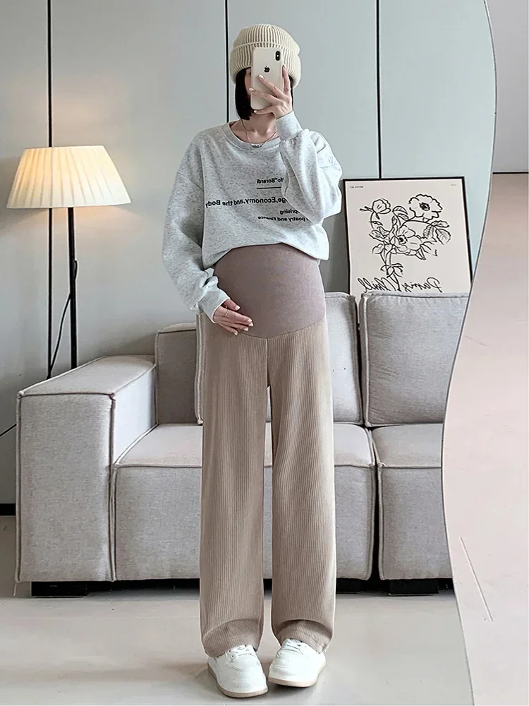 Pantalon Droit à Jambes Larges pour Femme Enceinte, Vêtement de Grossesse à Taille Haute, Mode Printemps Automne