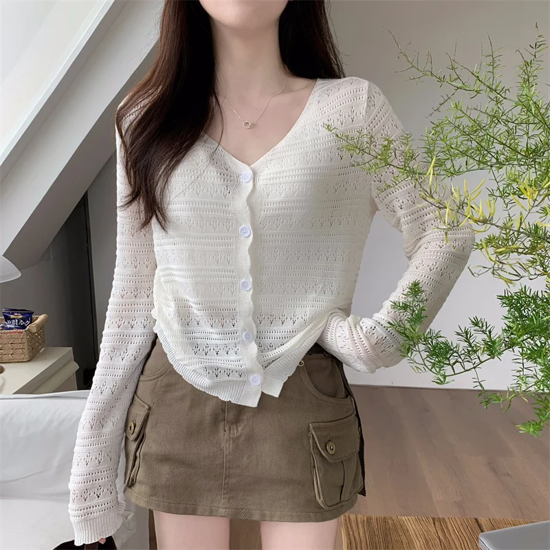 Womens Crochet Top Sheer Open-knit Long Sleeve Button Front Hollow-out Cardigan Spring Summer Casual Outfit